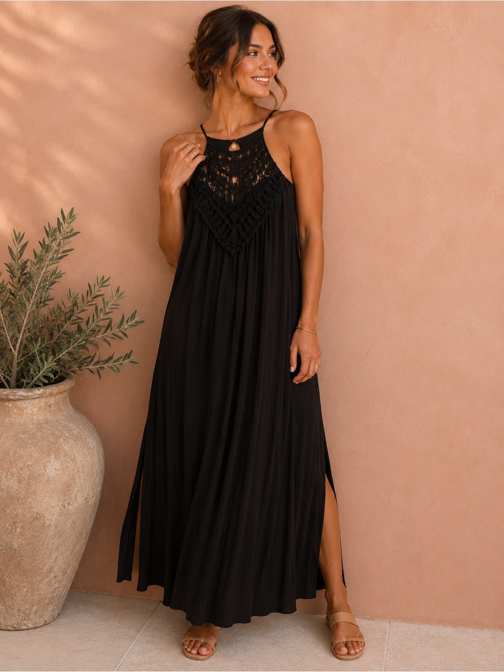 Three Bird Nest Black Crochet Halter Maxi Dress with Side Slit